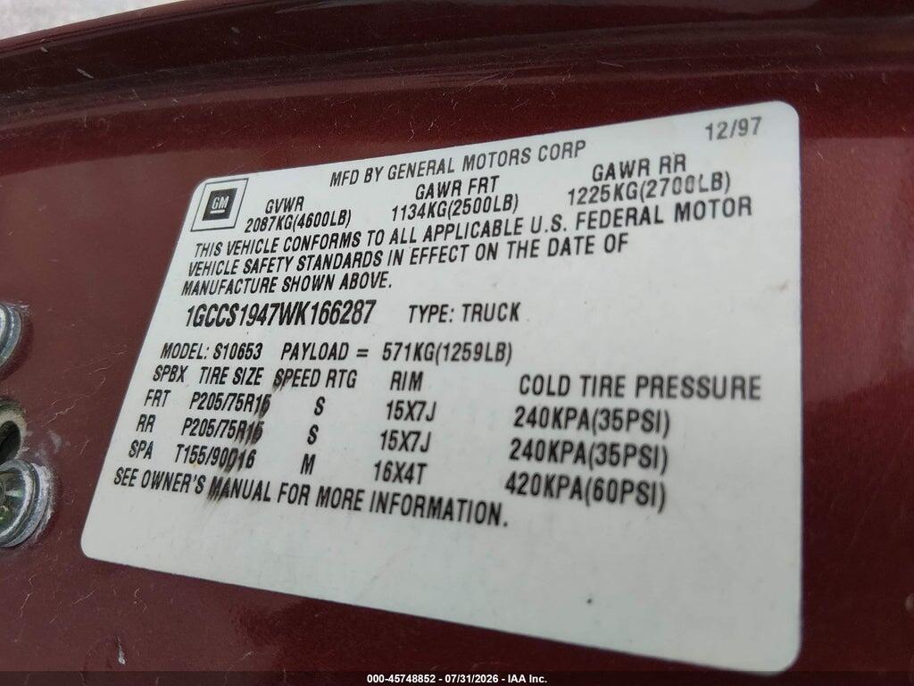 1GCCS1947WK166287 1998 CHEVROLET S-10 photo no. 9