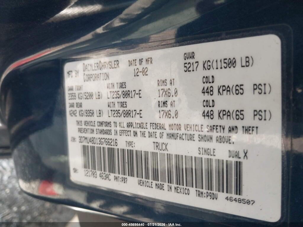 3D7MU48D13G766216 2003 DODGE RAM 3500 photo no. 8