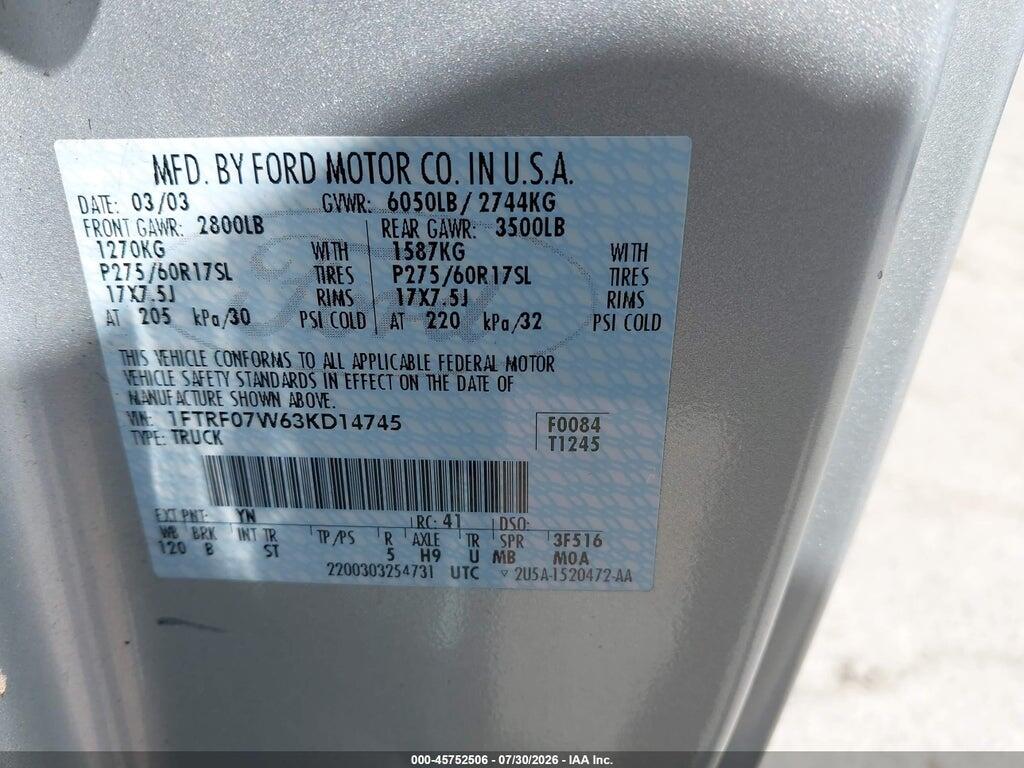 1FTRF07W63KD14745 2003 FORD F-150 photo no. 9