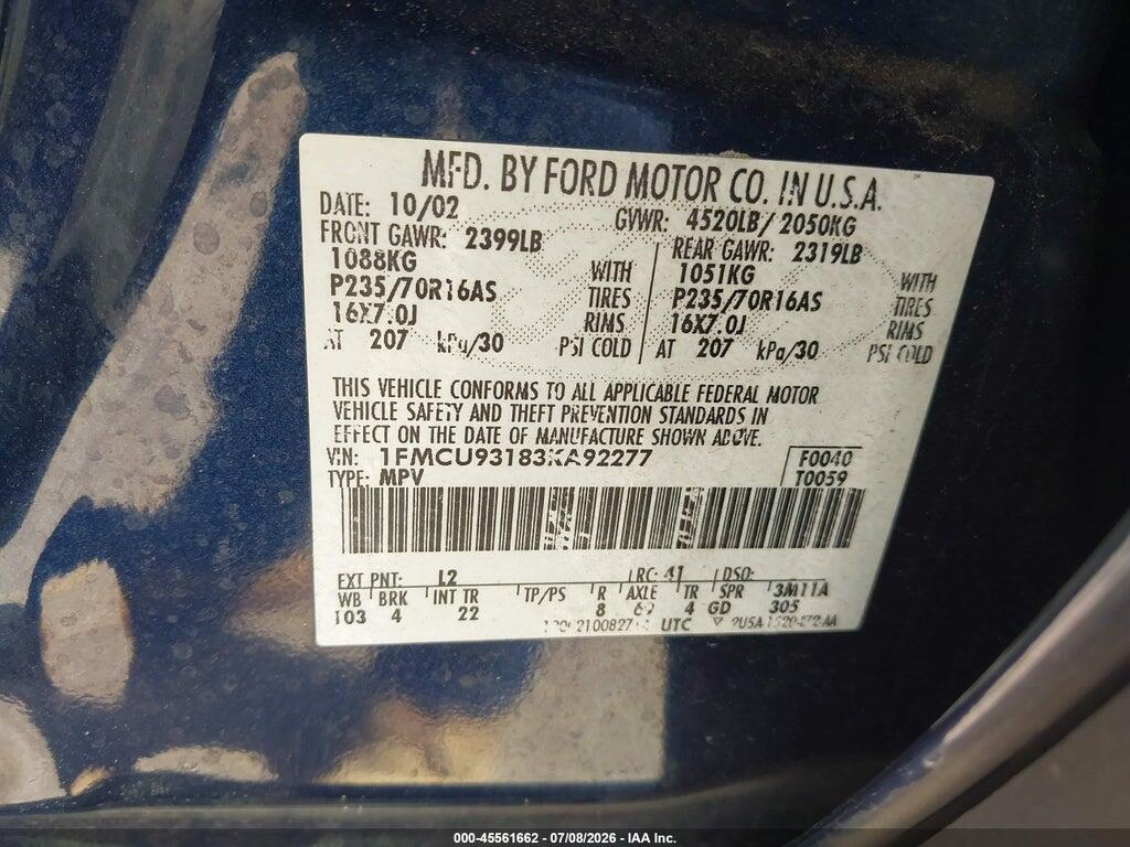 1FMCU93183KA92277 2003 FORD ESCAPE photo no. 9