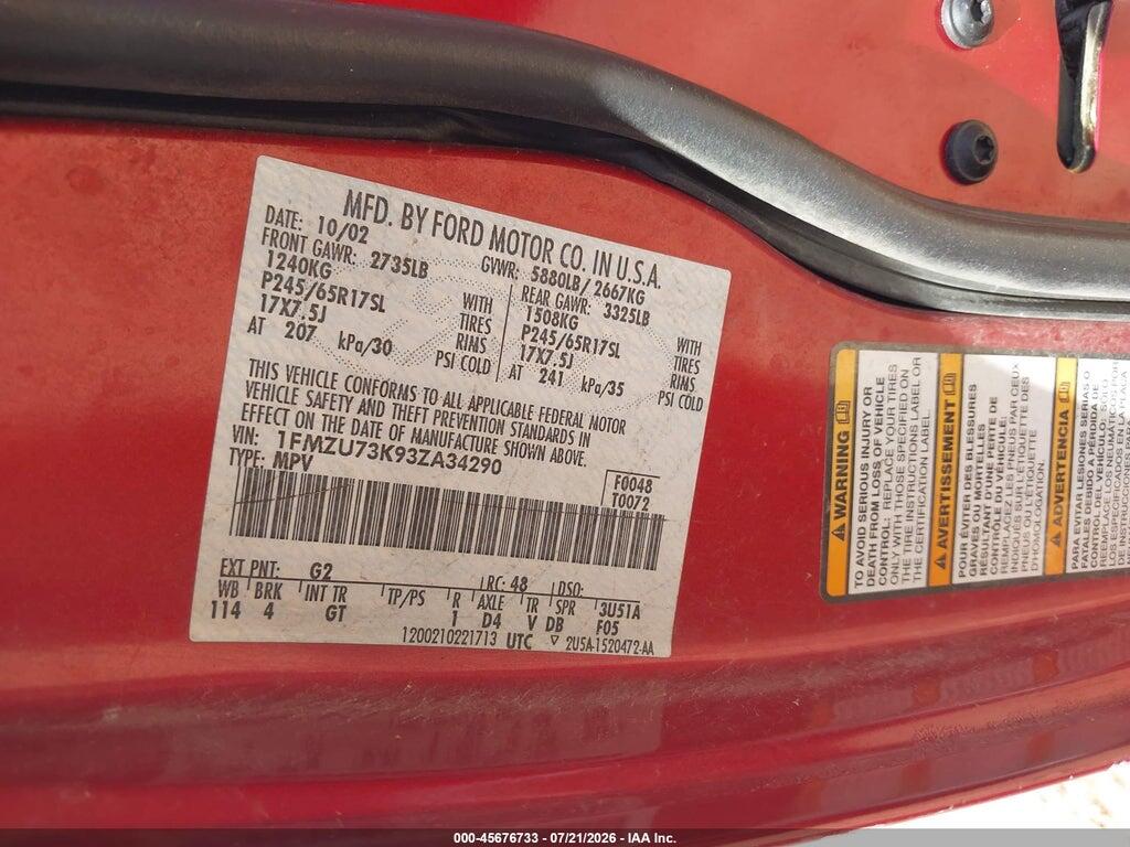 1FMZU73K93ZA34290 2003 FORD EXPLORER photo no. 9