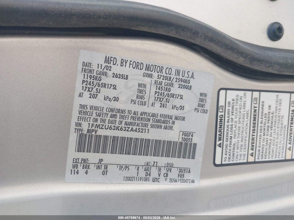 1FMZU63K63ZA45211 2003 FORD EXPLORER photo no. 9