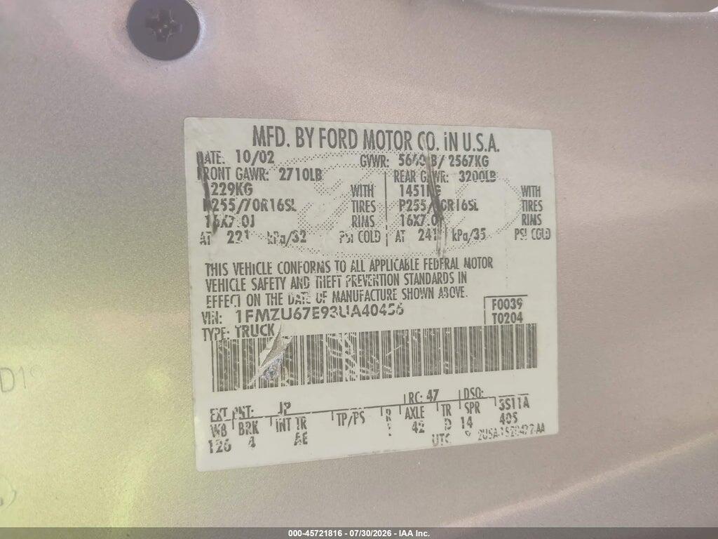 1FMZU67E93UA40456 2003 FORD EXPLORER SPORT TRAC photo no. 9
