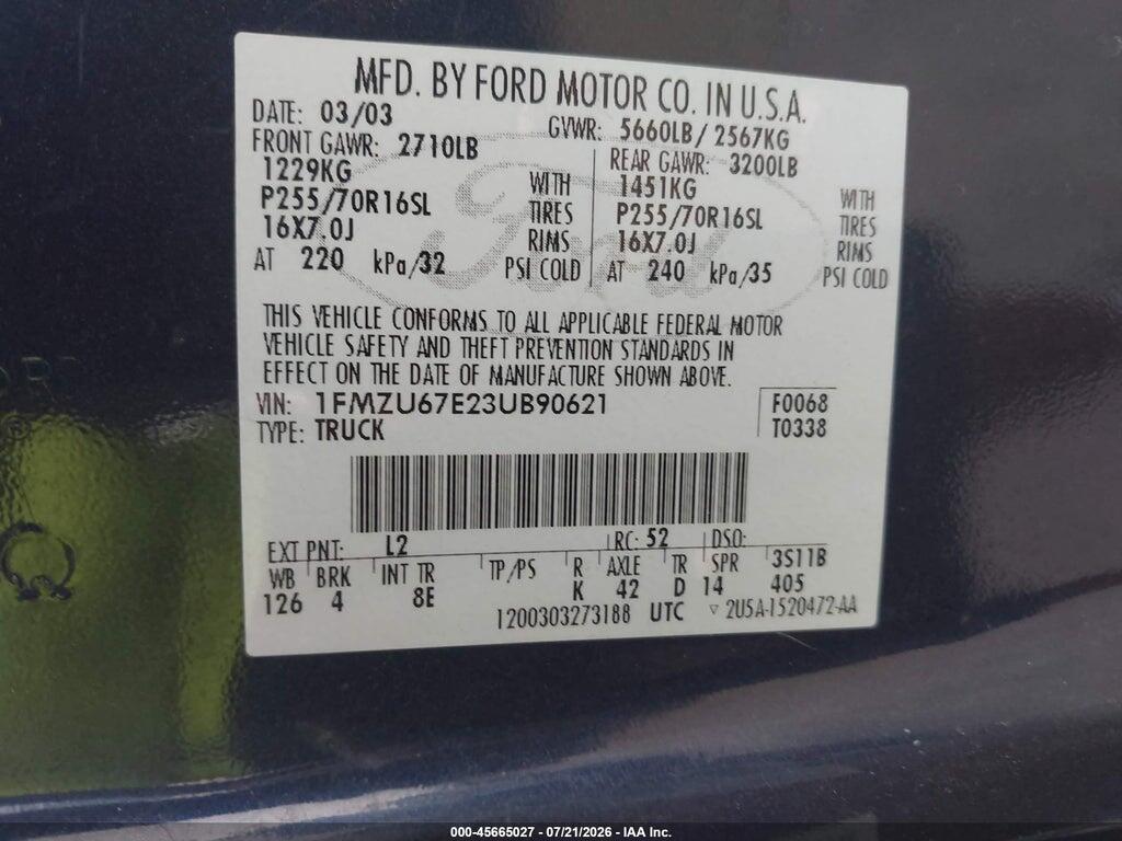 1FMZU67E23UB90621 2003 FORD EXPLORER SPORT TRAC photo no. 9