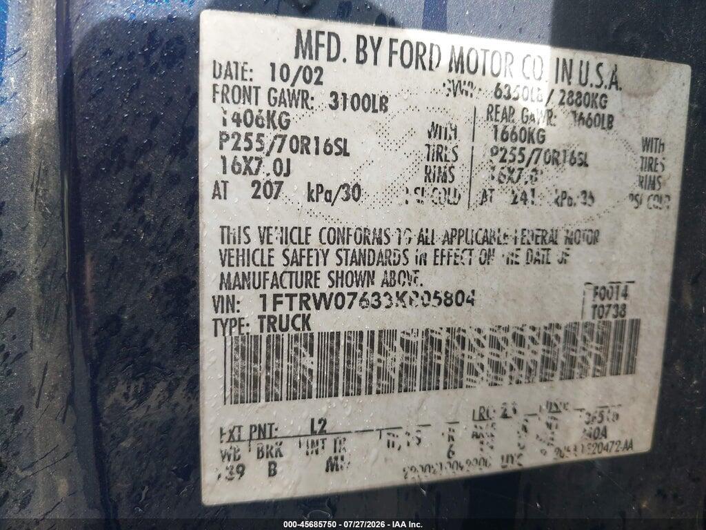 1FTRW07633KB05804 2003 FORD F-150 photo no. 9