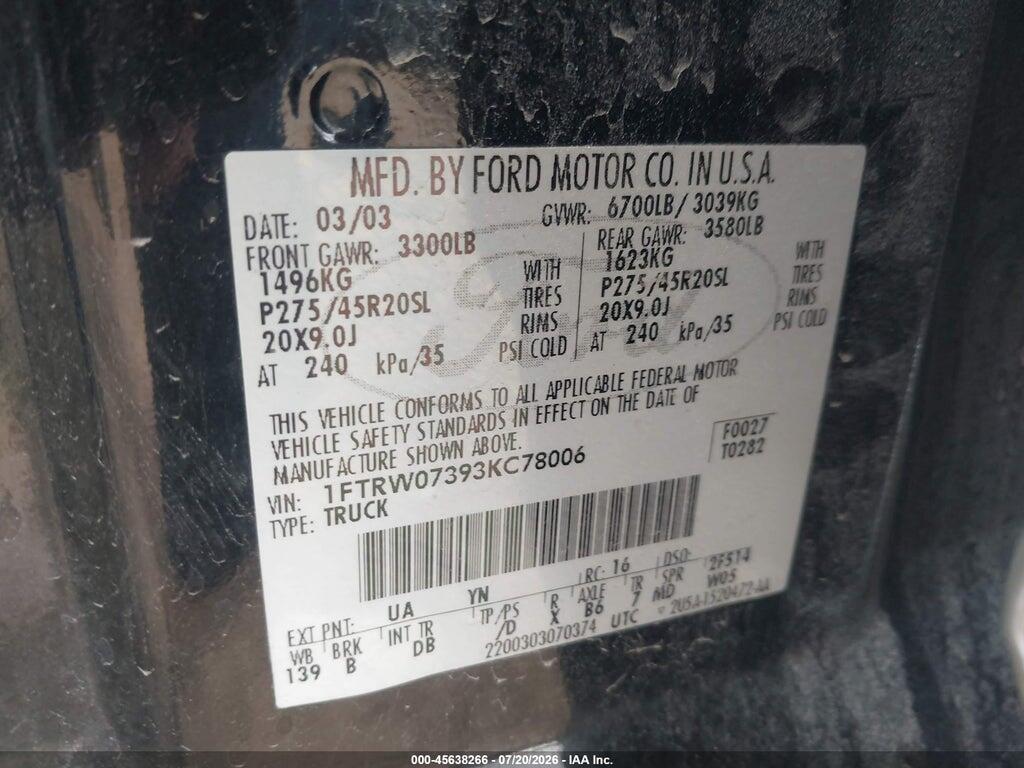 1FTRW07393KC78006 2003 FORD F-150 photo no. 9