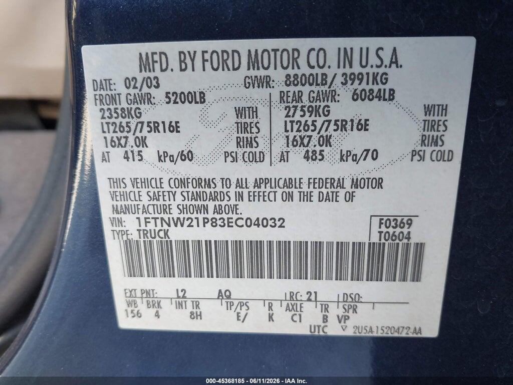 1FTNW21P83EC04032 2003 FORD F-250 photo no. 9