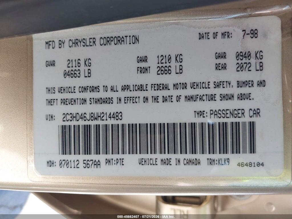 2C3HD46J8WH214483 1998 CHRYSLER CONCORDE photo no. 9
