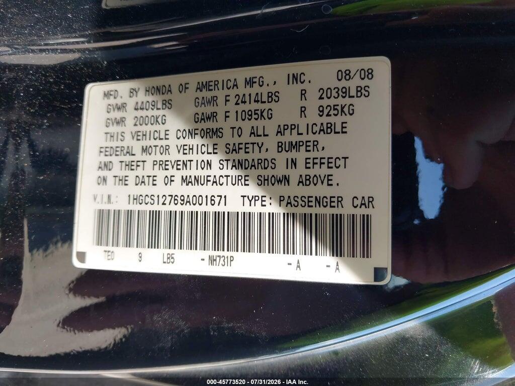 1HGCS12769A001671 2009 HONDA ACCORD photo no. 9