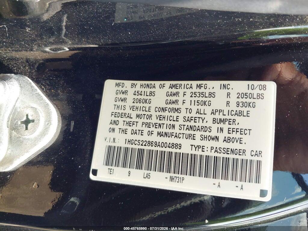 1HGCS22869A004889 2009 HONDA ACCORD photo no. 9