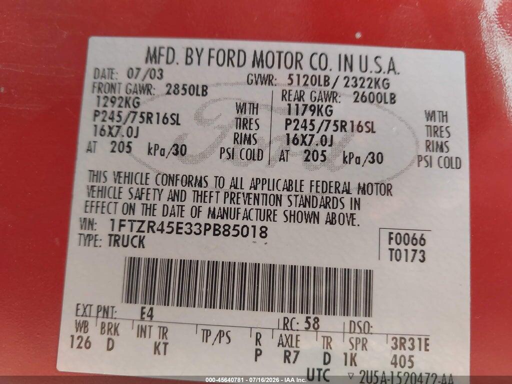 1FTZR45E33PB85018 2003 FORD RANGER photo no. 9