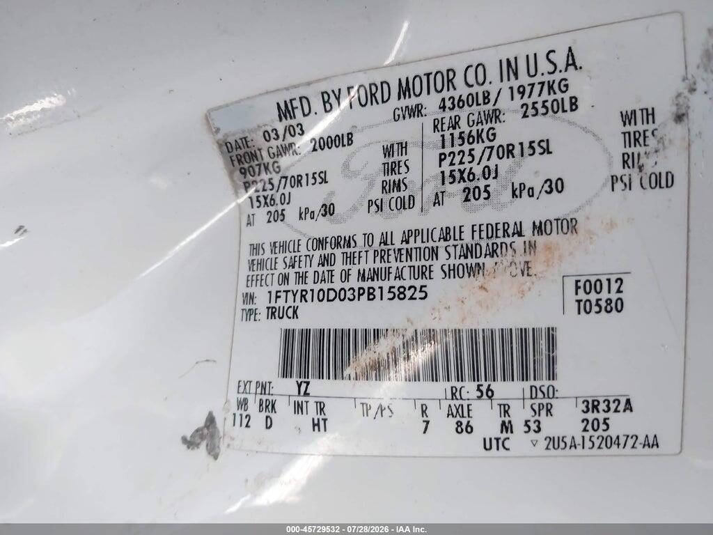 1FTYR10D03PB15825 2003 FORD RANGER photo no. 9