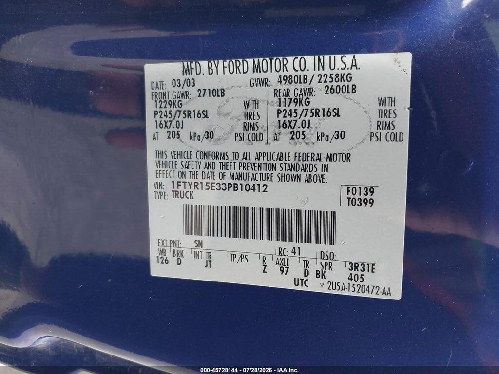 1FTYR15E33PB10412 2003 FORD RANGER photo no. 9