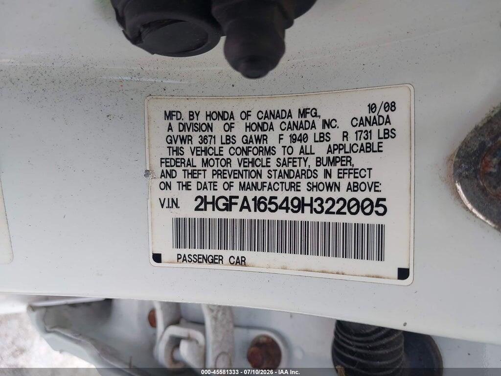 2HGFA16549H322005 2009 HONDA CIVIC photo no. 9