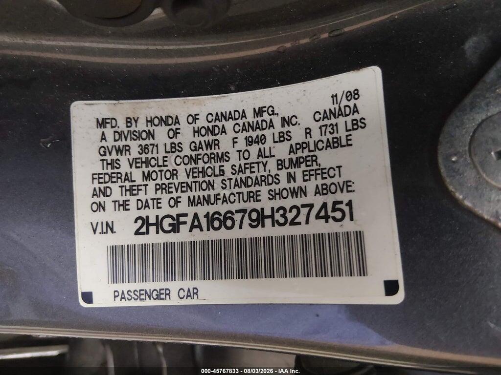2HGFA16679H327451 2009 HONDA CIVIC photo no. 9