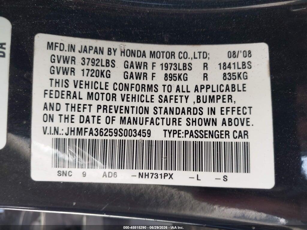 JHMFA36259S003459 2009 HONDA CIVIC HYBRID photo no. 9