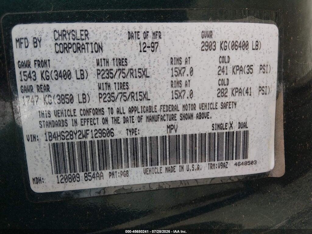 1B4HS28Y2WF129606 1998 DODGE DURANGO photo no. 9