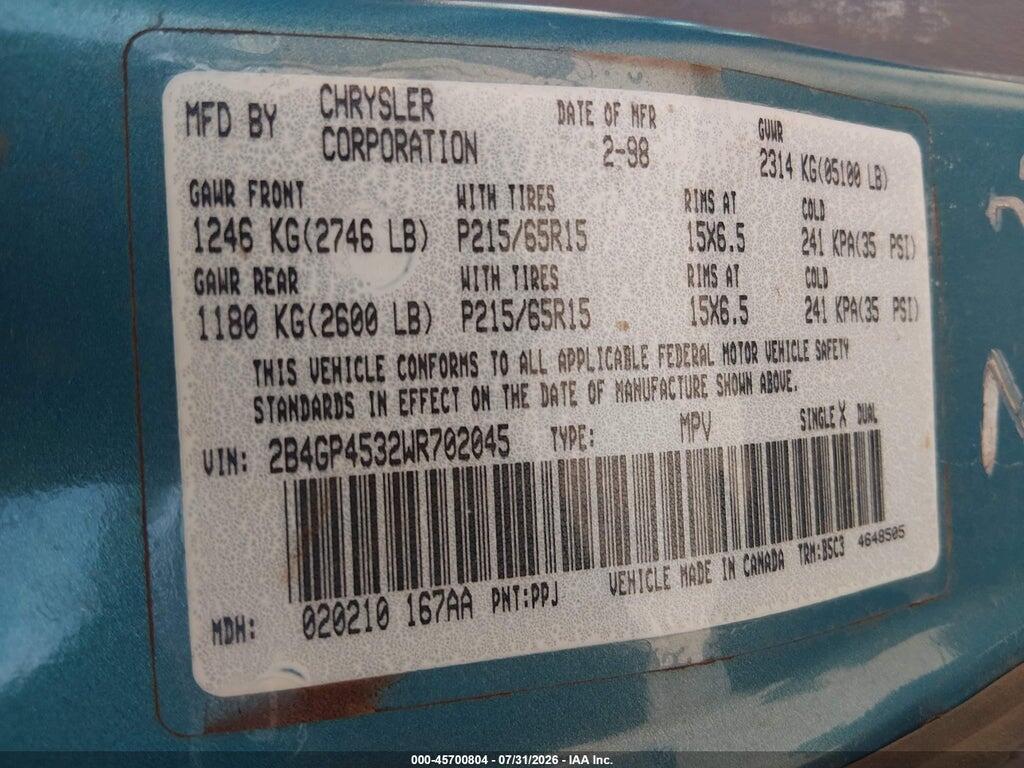 2B4GP4532WR702045 1998 DODGE CARAVAN photo no. 9