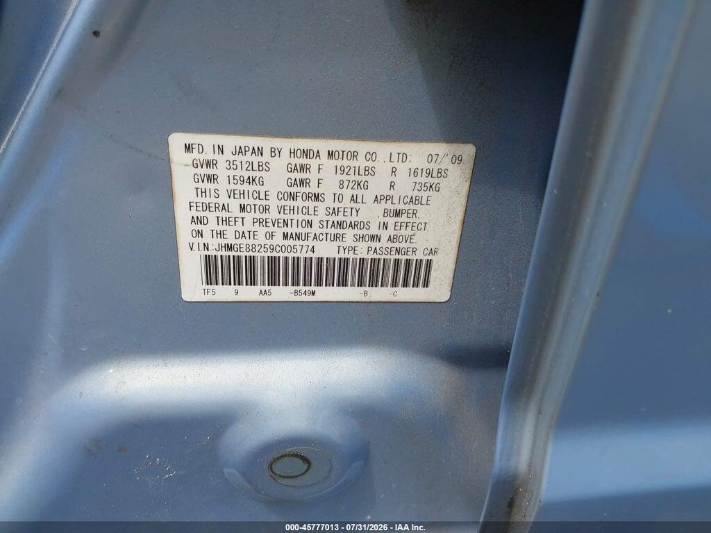 JHMGE88259C005774 2009 HONDA FIT photo no. 9