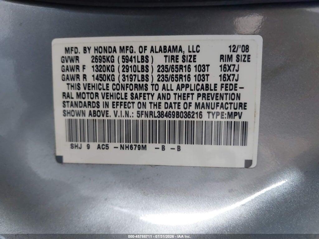 5FNRL38469B036216 2009 HONDA ODYSSEY photo no. 9