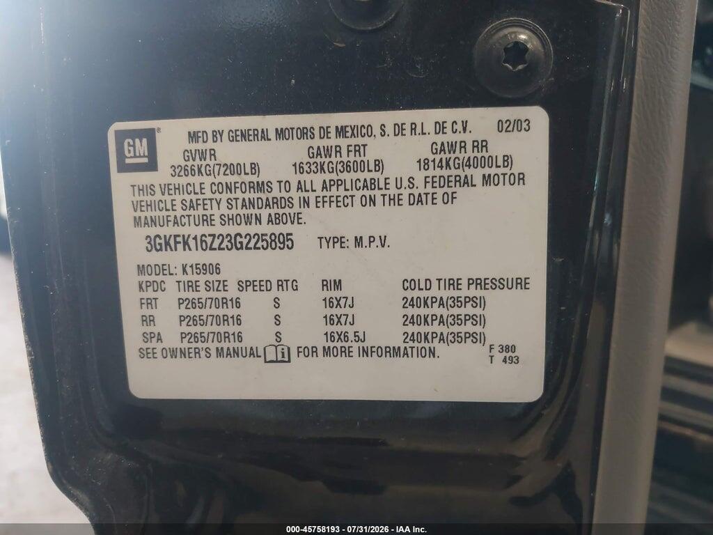 3GKFK16Z23G225895 2003 GMC YUKON XL 1500 photo no. 9