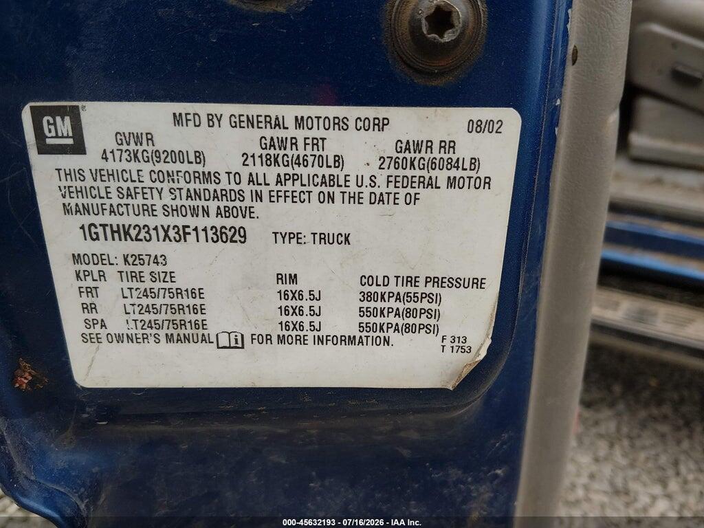 1GTHK231X3F113629 2003 GMC SIERRA 2500HD photo no. 9