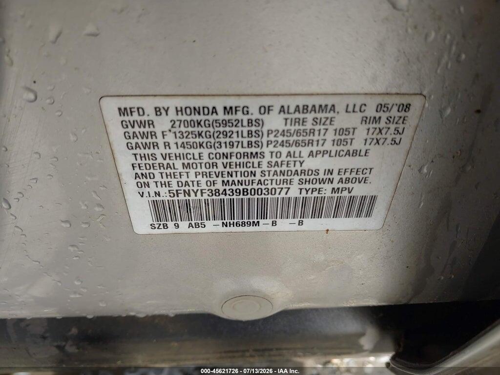 5FNYF38439B003077 2009 HONDA PILOT photo no. 9