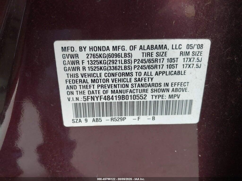 5FNYF48419B010552 2009 HONDA PILOT photo no. 9