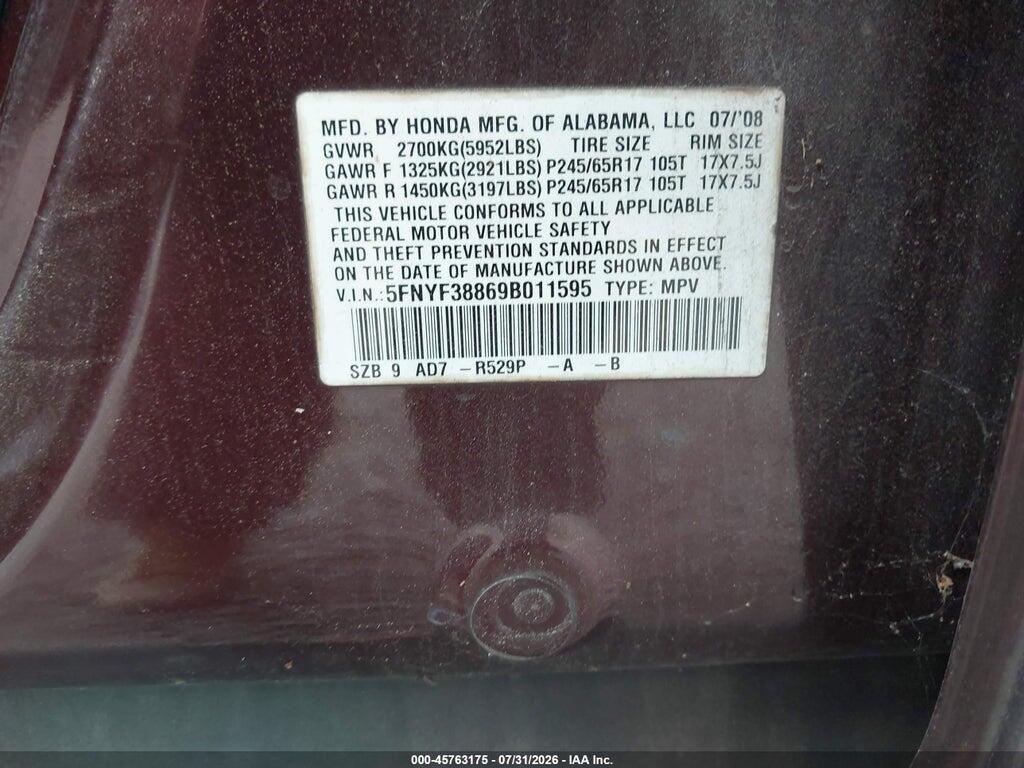 5FNYF38869B011595 2009 HONDA PILOT photo no. 9