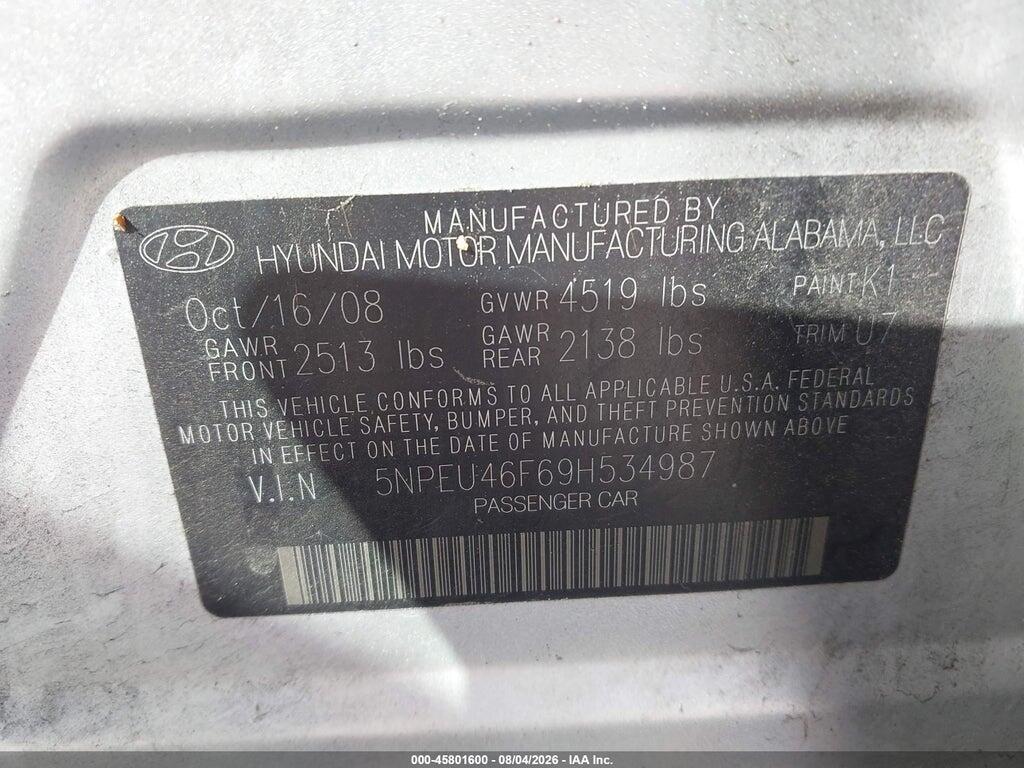 5NPEU46F69H534987 2009 HYUNDAI SONATA photo no. 9