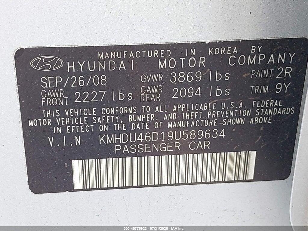 KMHDU46D19U589634 2009 HYUNDAI ELANTRA photo no. 9