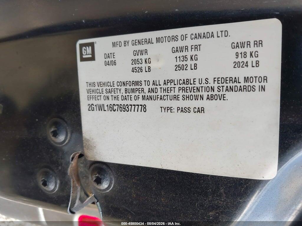 2G1WL16C769377778 2006 CHEVROLET MONTE CARLO photo no. 9
