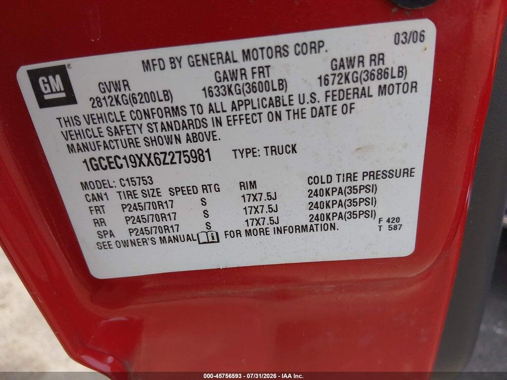 1GCEC19XX6Z275981 2006 CHEVROLET SILVERADO 1500 photo no. 9