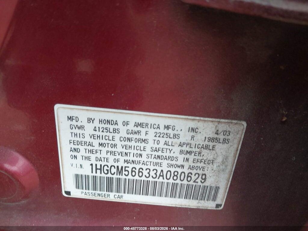 1HGCM56633A080629 2003 HONDA ACCORD photo no. 9