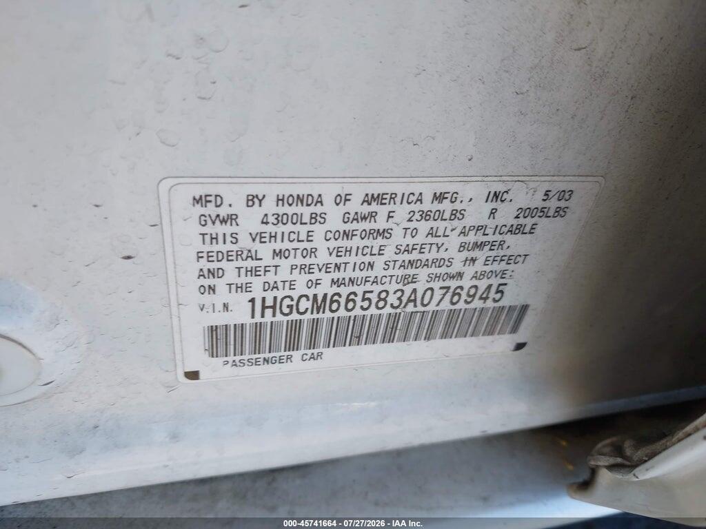 1HGCM66583A076945 2003 HONDA ACCORD photo no. 9