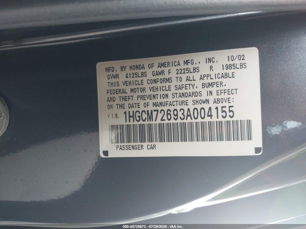 1HGCM72693A004155 2003 HONDA ACCORD photo no. 9