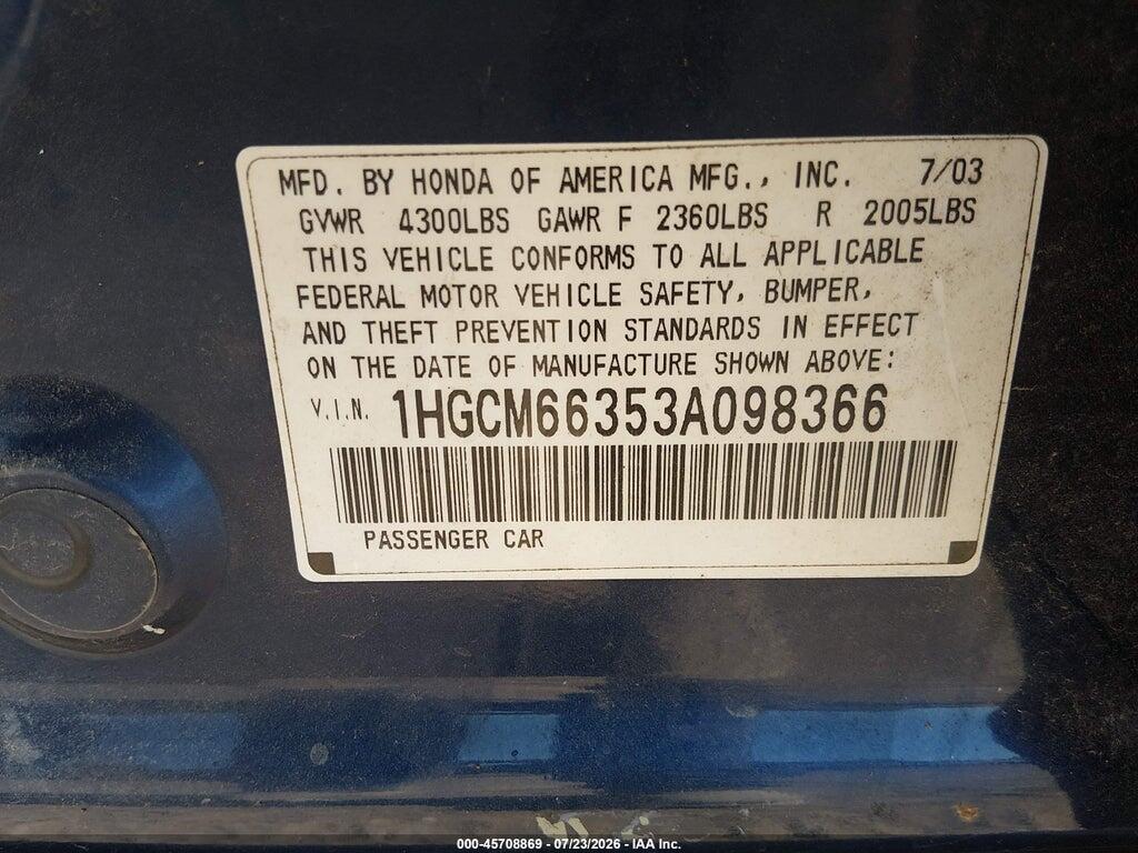 1HGCM66353A098366 2003 HONDA ACCORD photo no. 9