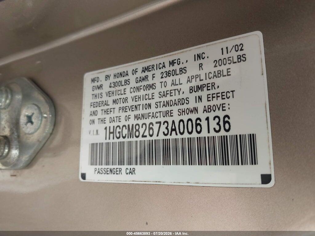 1HGCM82673A006136 2003 HONDA ACCORD CPE photo no. 9