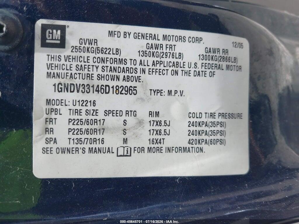 1GNDV33146D182965 2006 CHEVROLET UPLANDER photo no. 9