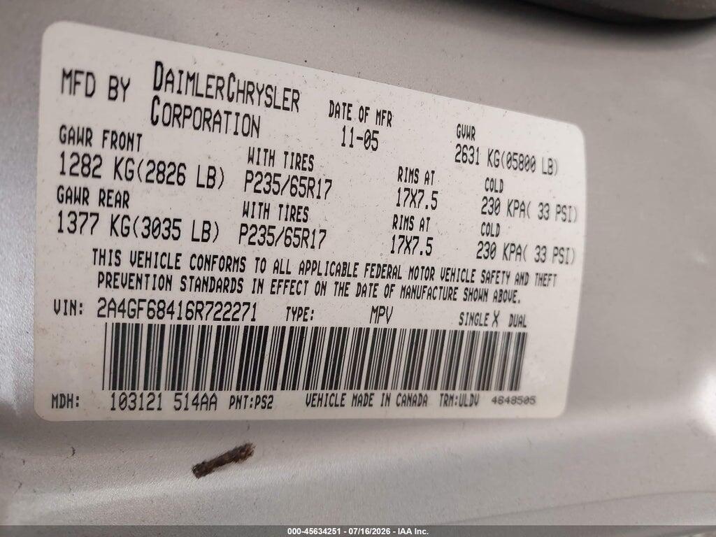 2A4GF68416R722271 2006 CHRYSLER PACIFICA photo no. 9