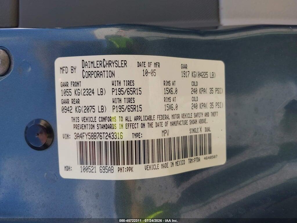 3A4FY58B76T243316 2006 CHRYSLER PT CRUISER photo no. 9