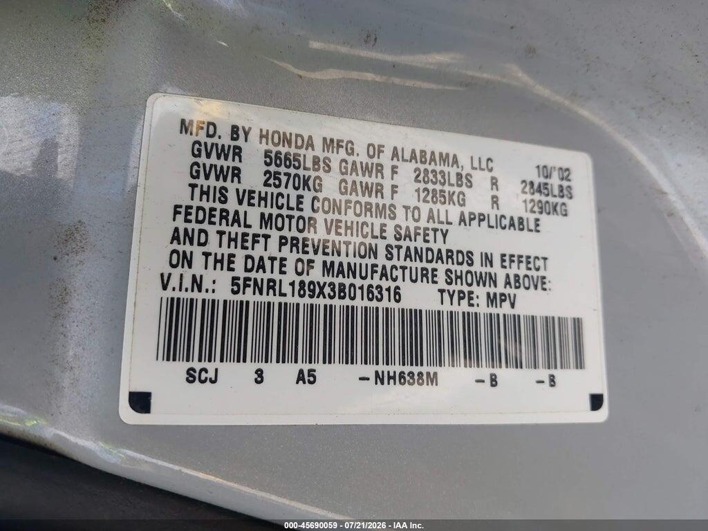 5FNRL189X3B016316 2003 HONDA ODYSSEY photo no. 9
