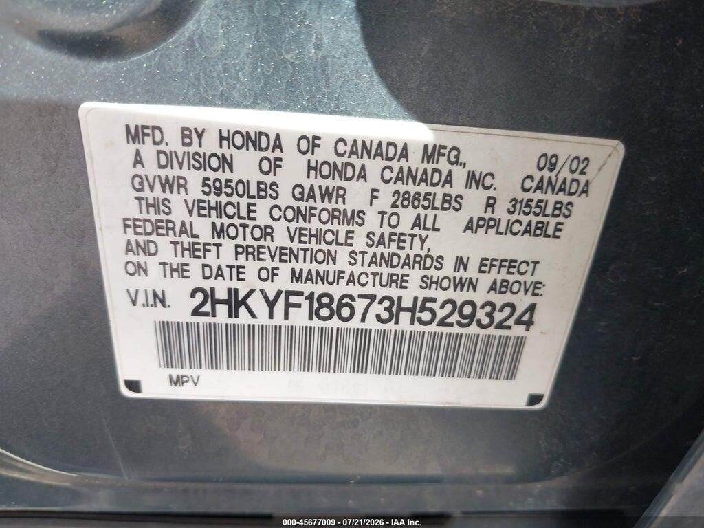 2HKYF18673H529324 2003 HONDA PILOT photo no. 9