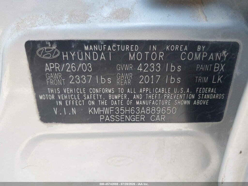 KMHWF35H63A889650 2003 HYUNDAI SONATA photo no. 9