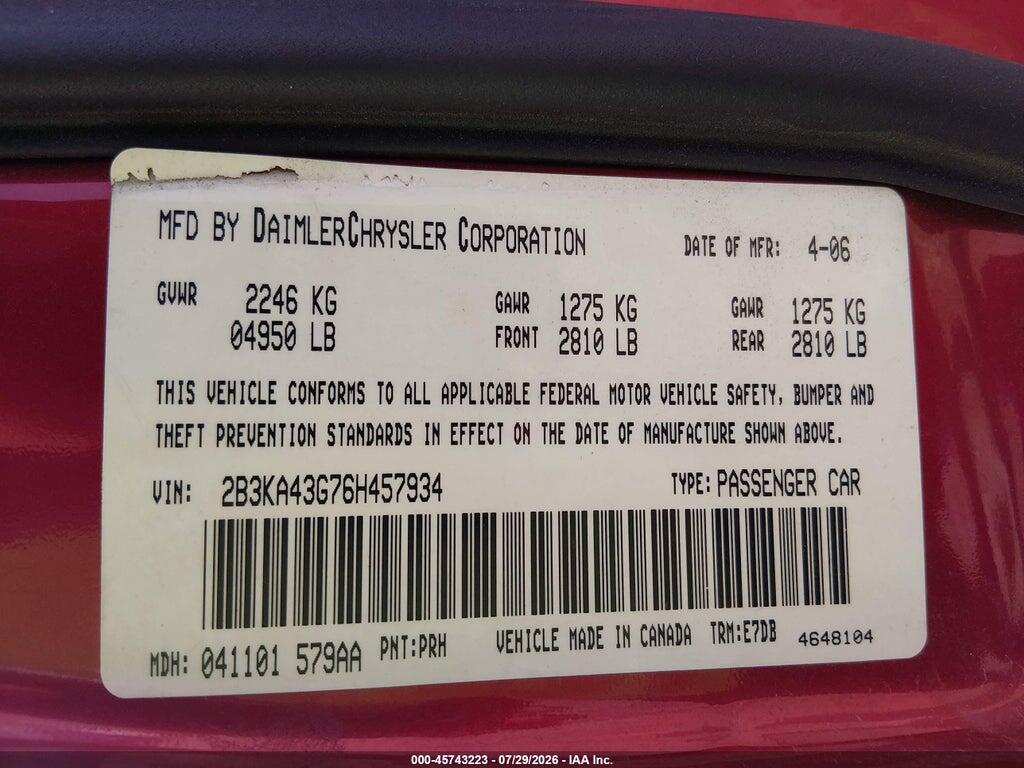 2B3KA43G76H457934 2006 DODGE CHARGER photo no. 9
