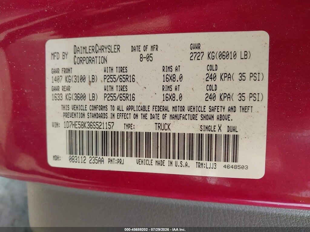 1D7HE58K36S521157 2006 DODGE DAKOTA photo no. 9