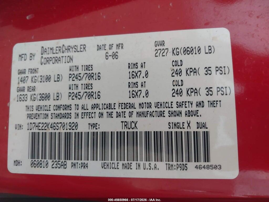 1D7HE22K46S701920 2006 DODGE DAKOTA photo no. 9
