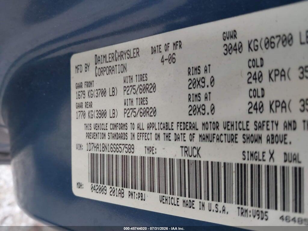 1D7HA18N16S657589 2006 DODGE RAM 1500 photo no. 9