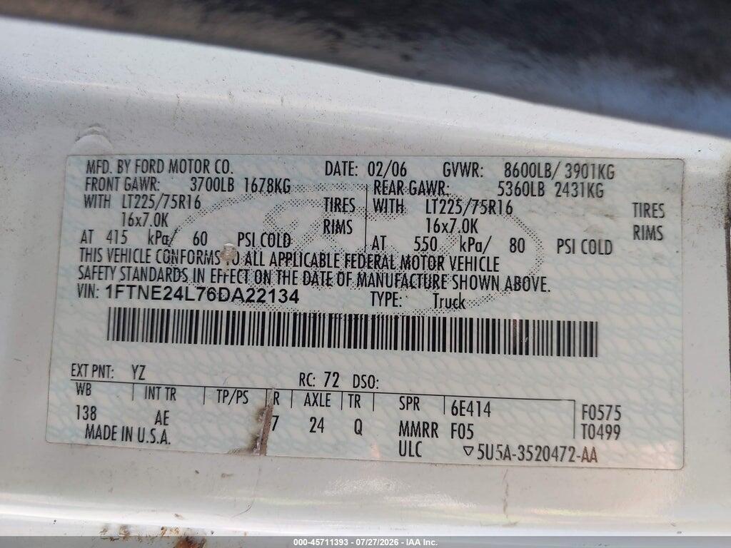 1FTNE24L76DA22134 2006 FORD E-250 photo no. 9