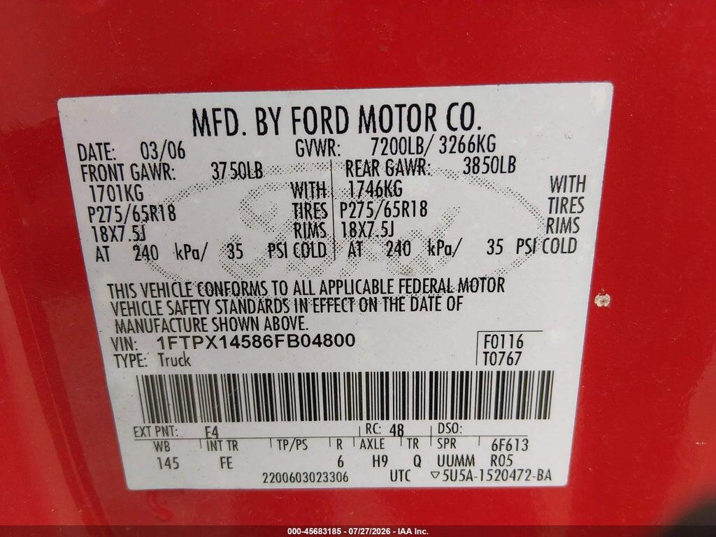 1FTPX14586FB04800 2006 FORD F-150 photo no. 9